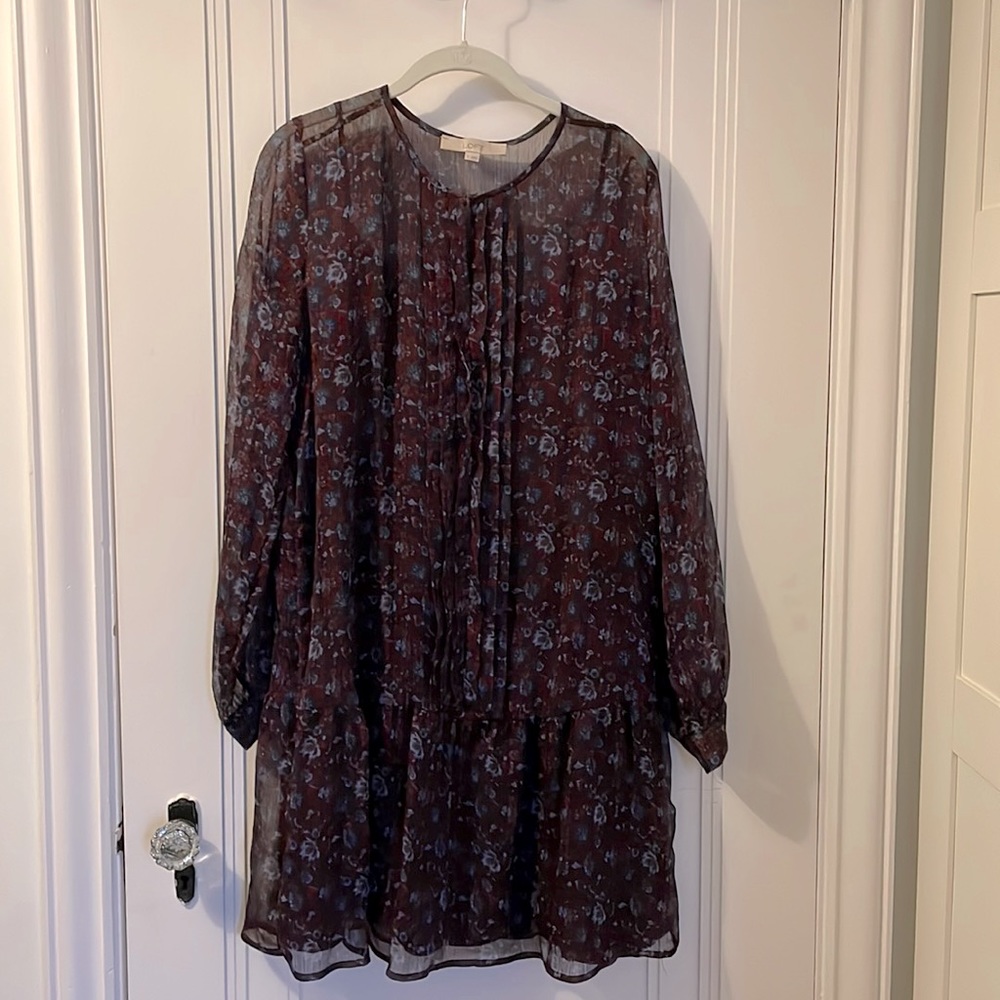 LOFT flounce dress, pleats on front, sheer with slip dress, in mahogany color